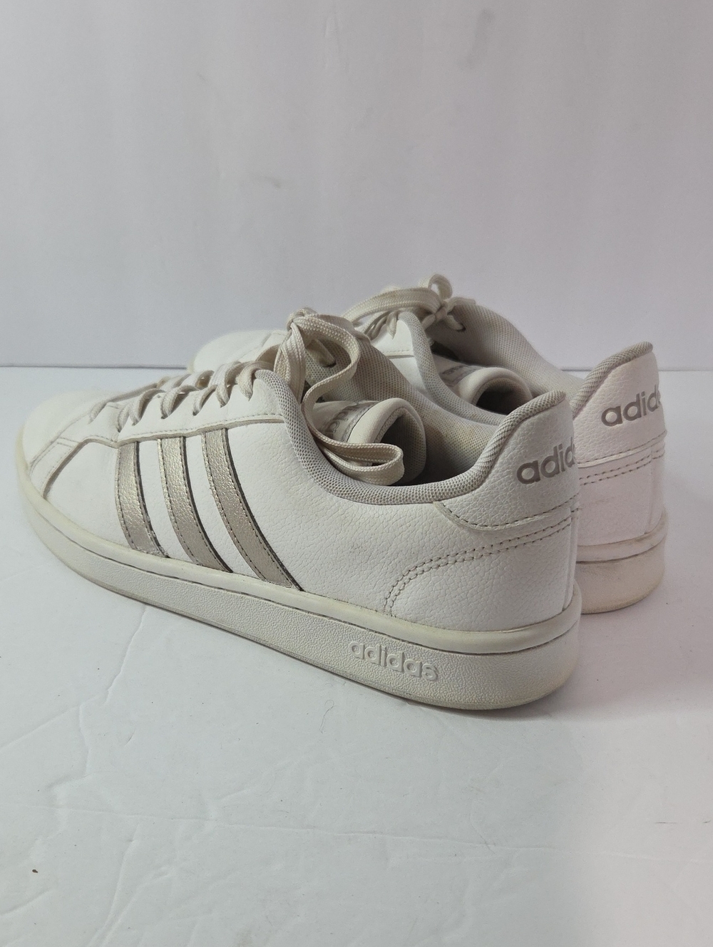 Adidas White Sneakers with Metallic Silver Stripes Womens Size 10